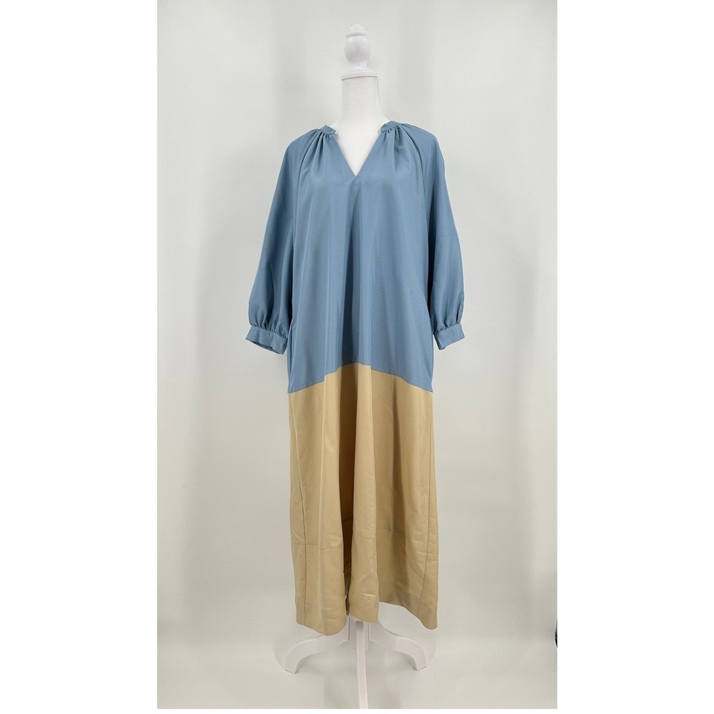 Pomander Place Gemma Blue Tan Colorblock V-Neck Maxi Dress Balloon Sleeve Large - Picture 2 of 9